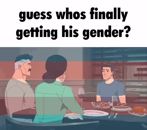 A Cartoon Of Three People Sitting At A Table With The Caption " Guess Who Finally Getting His Gender " GIF