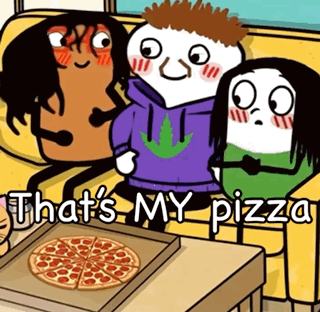 A Cartoon Of Three People Sitting On A Couch With The Words That 'S My Pizza On The Bottom GIF