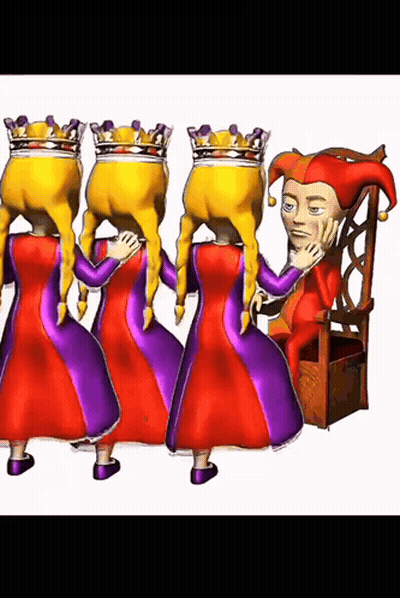 A Cartoon Of Three Princesses Standing Next To A Jester GIF