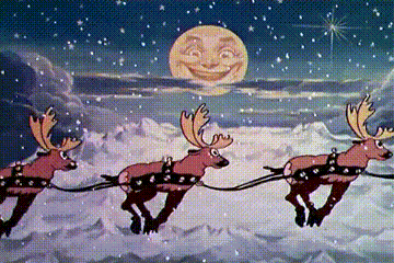 A Cartoon Of Three Reindeer Pulling A Sleigh With A Smiling Moon Behind Them GIF
