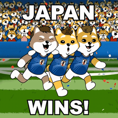 A Cartoon Of Three Shiba Inu Soccer Players Running On A Field With The Words Japan Wins GIF
