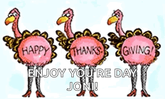 A Cartoon Of Three Turkeys Holding Signs That Say Happy Thanks Giving GIF