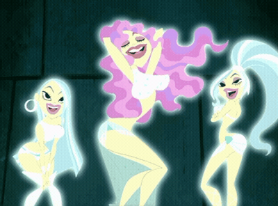 A Cartoon Of Three Women With Glowing Hair Dancing GIF