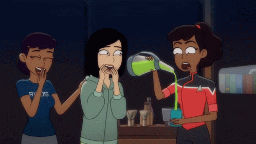 A Cartoon Of Three Women With One Wearing A Blue Shirt That Says Rds GIF