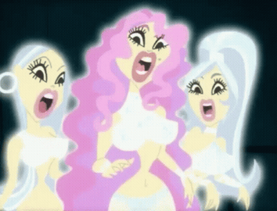 A Cartoon Of Three Women With Pink Hair Singing GIF
