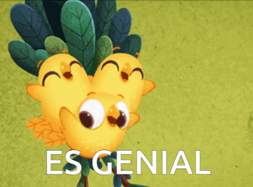 A Cartoon Of Three Yellow Birds With The Words Es Genial In White GIF
