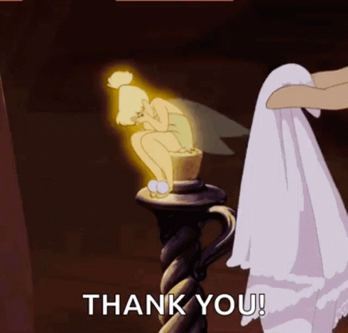 A Cartoon Of Tinkerbell Sitting On A Candle Holder With The Words Thank You Behind Her . GIF