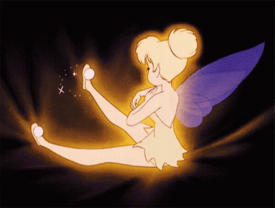 A Cartoon Of Tinkerbell Sitting On The Ground With A Light Coming Out Of Her Feet GIF