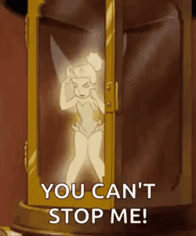 A Cartoon Of Tinkerbell Standing In A Box With The Words `` You Can 'T Stop Me '' Written On It . GIF