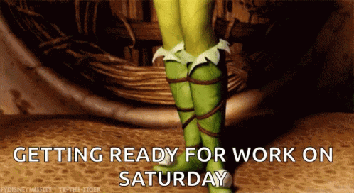 A Cartoon Of Tinkerbell With The Words Getting Ready For Work On Saturday GIF