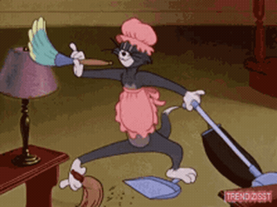 A Cartoon Of Tom And Jerry Cleaning With A Broom GIF