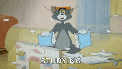 A Cartoon Of Tom And Jerry Jumping Over A Wall With The Words `` Studying '' Written On It . GIF