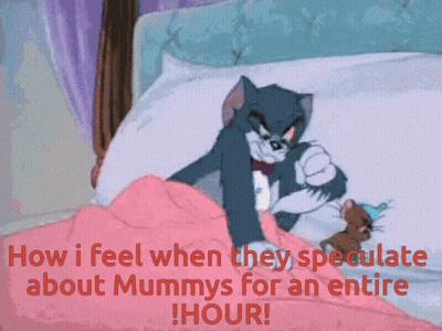 A Cartoon Of Tom And Jerry Laying In Bed With The Caption " Wow I Feel When They Speculate About Mummys For An GIF
