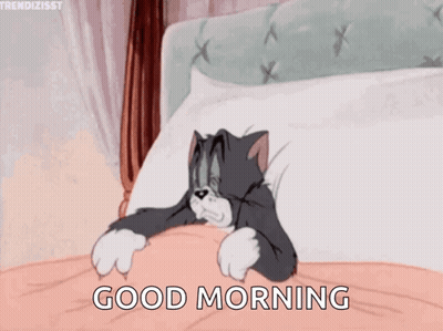 A Cartoon Of Tom And Jerry Saying Good Morning While Yawning In Bed GIF