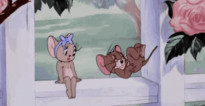 A Cartoon Of Tom And Jerry Sitting On A Window Sill Talking To Each Other . GIF
