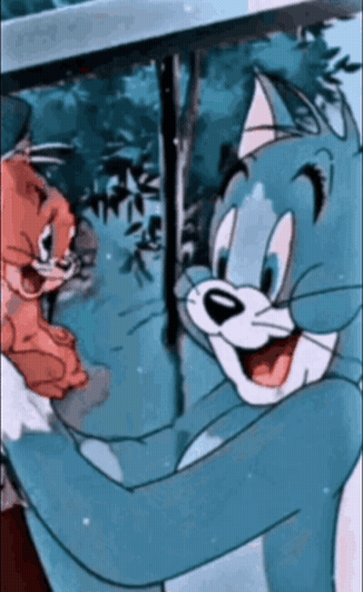 A Cartoon Of Tom And Jerry Standing Next To Each Other And Smiling GIF