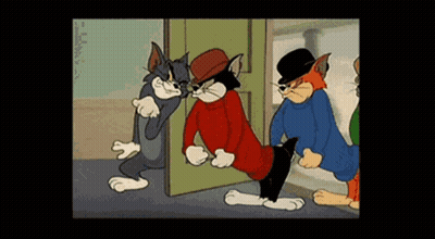 A Cartoon Of Tom And Jerry Standing Next To Each Other In Front Of A Door . GIF