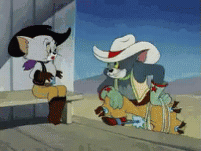 A Cartoon Of Tom And Jerry Wearing Cowboy Outfits GIF