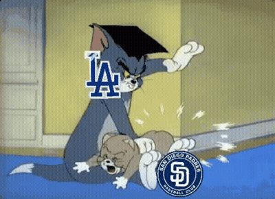 A Cartoon Of Tom And Jerry With The San Diego Padres Logo In The Background GIF