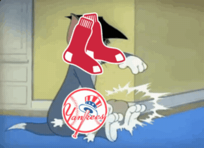 A Cartoon Of Tom And Jerry With The Yankees Logo On It GIF