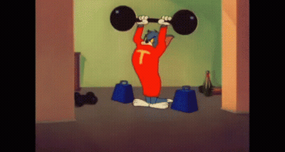 A Cartoon Of Tom Lifting A Barbell With The Letter T On His Back GIF