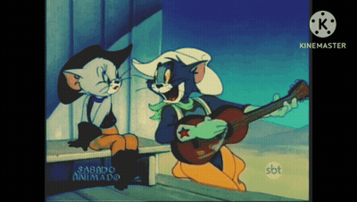 A Cartoon Of Tom Playing A Guitar And Jerry Sitting On A Bench With The Words Sabado Animado Below Them GIF