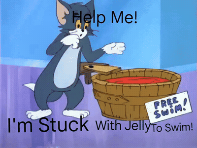 A Cartoon Of Tom Standing Next To A Bucket Of Jelly To Swim GIF