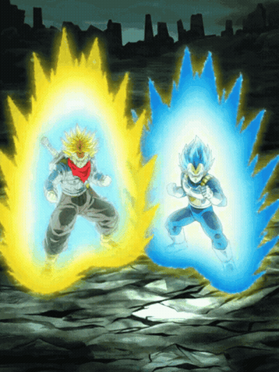 A Cartoon Of Trunks And Vegeta In A Battle GIF