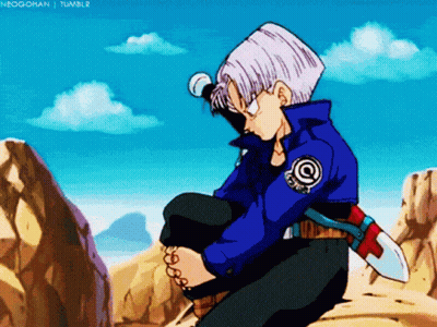 A Cartoon Of Trunks From Dragon Ball Z Is Holding A Microphone GIF