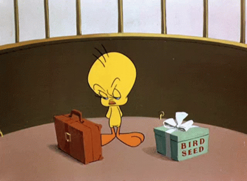 A Cartoon Of Tweety With A Briefcase And A Box That Says Bird Seed GIF