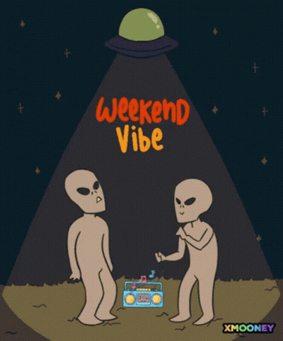 A Cartoon Of Two Aliens Standing Next To A Boombox With The Words Weekend Vibe Above Them GIF