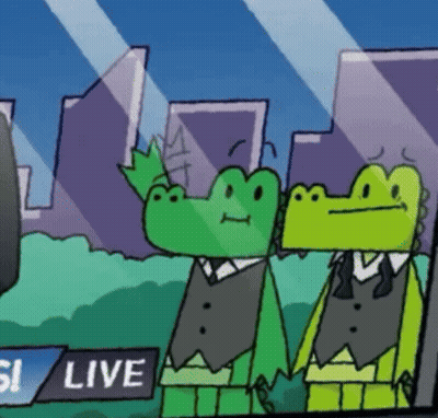 A Cartoon Of Two Alligators Standing In Front Of A Sign That Says " Live " GIF