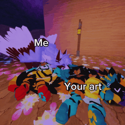 A Cartoon Of Two Animals Laying Next To Each Other With The Words " Me Your Art " GIF