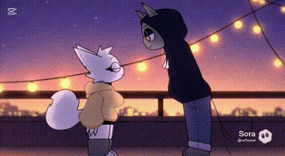 A Cartoon Of Two Animals Standing Next To Each Other On A Balcony . GIF