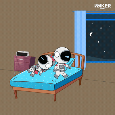 A Cartoon Of Two Astronauts Sitting On A Bed With A Waker Game In The Background GIF
