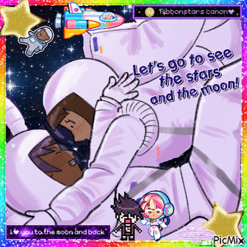 A Cartoon Of Two Astronauts With The Words Let 'S Go To See The Stars And The Moon On The Bottom GIF