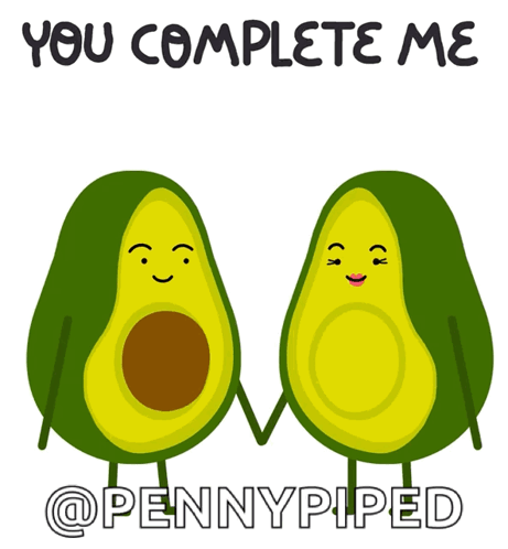 A Cartoon Of Two Avocados Holding Hands With The Caption " You Complete Me " GIF