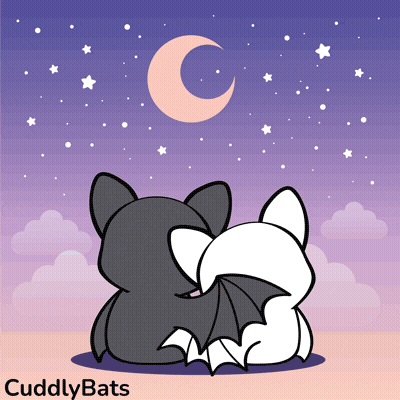 A Cartoon Of Two Bats Looking At A Crescent Moon And Stars GIF