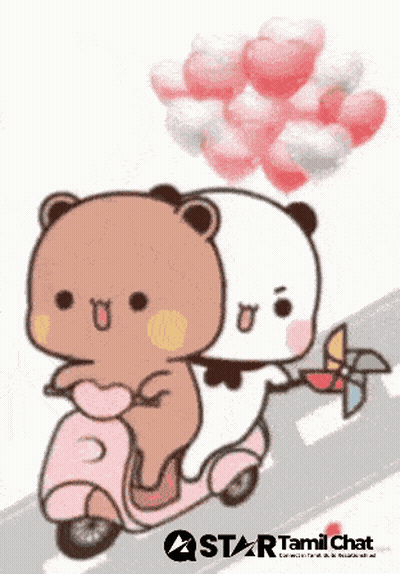A Cartoon Of Two Bears Riding A Pink Scooter With Balloons Behind Them GIF
