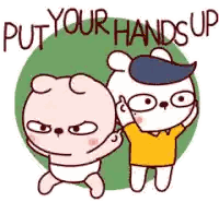 A Cartoon Of Two Bears Standing Next To Each Other With The Words Put Your Hands Up Sticker