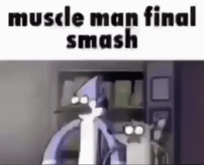 A Cartoon Of Two Birds Standing Next To Each Other With The Words `` Muscle Man Final Smash '' Written Above Them . GIF