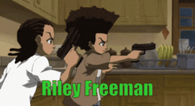 A Cartoon Of Two Boys Holding Guns With The Name Riley Freeman Below Them GIF