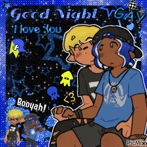 A Cartoon Of Two Boys Kissing With The Words " Good Night Vga " On The Bottom GIF