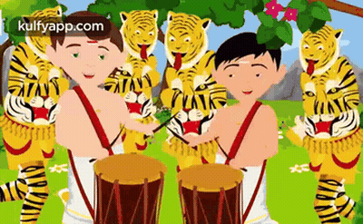 A Cartoon Of Two Boys Playing Drums In Front Of A Tiger Costume . GIF