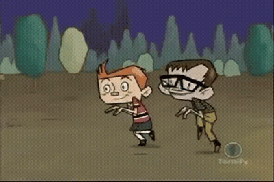 A Cartoon Of Two Boys Running In A Cemetery With The Word Family In The Corner GIF
