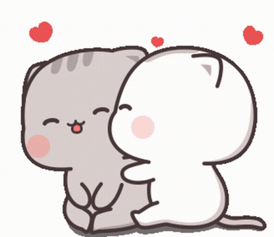 A Cartoon Of Two Cats Hugging Each Other With Hearts Floating Above Them GIF