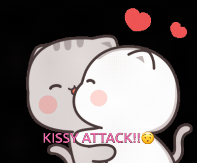 A Cartoon Of Two Cats Kissing With The Words Kissy Attack Written Below Them GIF