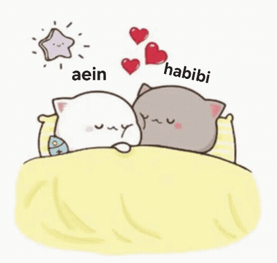 A Cartoon Of Two Cats Laying In Bed With Hearts Coming Out Of Them . GIF