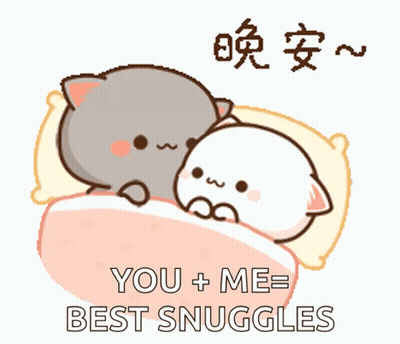 A Cartoon Of Two Cats Laying In Bed With The Words " You + Me = Best Snuggles " On The Bottom GIF