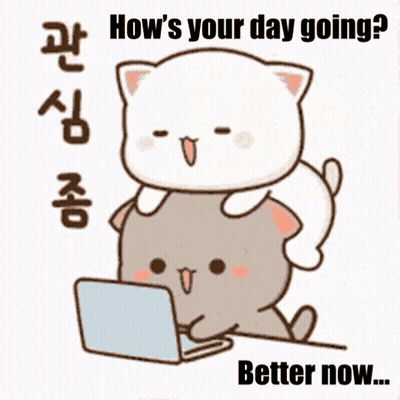 A Cartoon Of Two Cats Looking At A Laptop With The Words How 'S Your Day Going Better Now .. GIF
